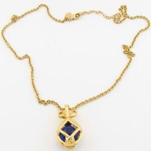 Vintage Joan Rivers Egg Pendant Necklace Gold Tone Blue Stone